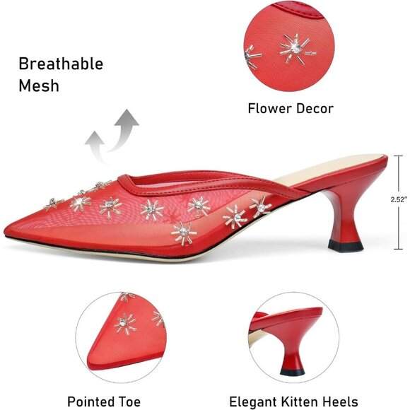 🆕Women Red Mesh Kitten Heel Mules Crystal Flower Pointed Toe Low Heel Pumps - Picture 2 of 5